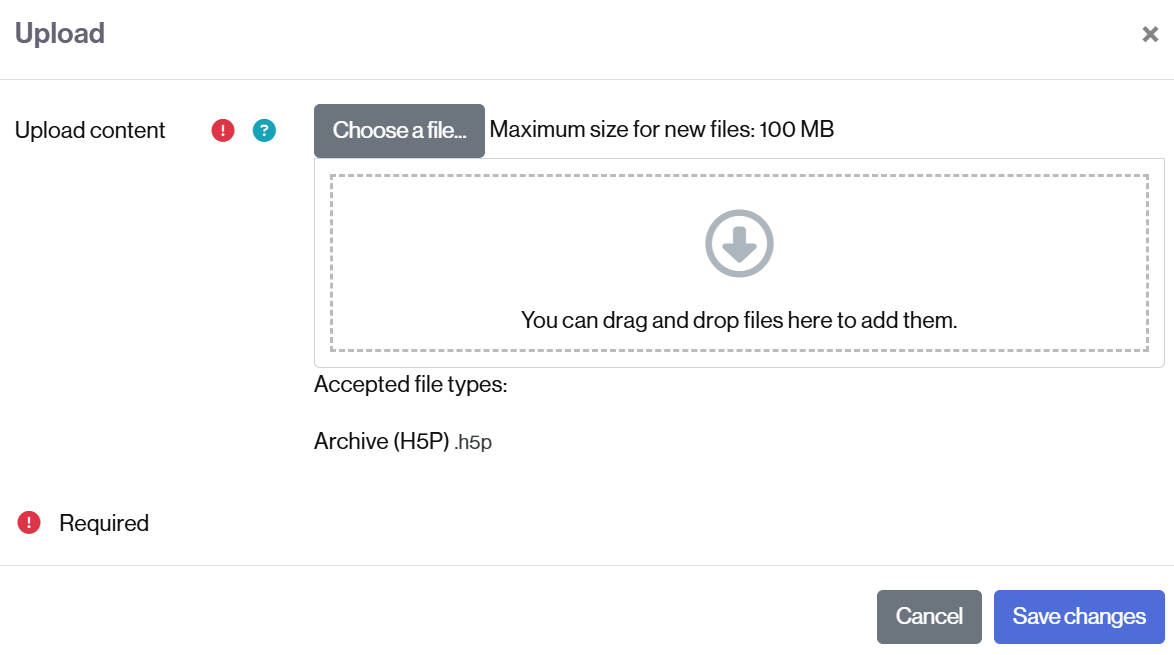 View to upload an h5p file to the content bank