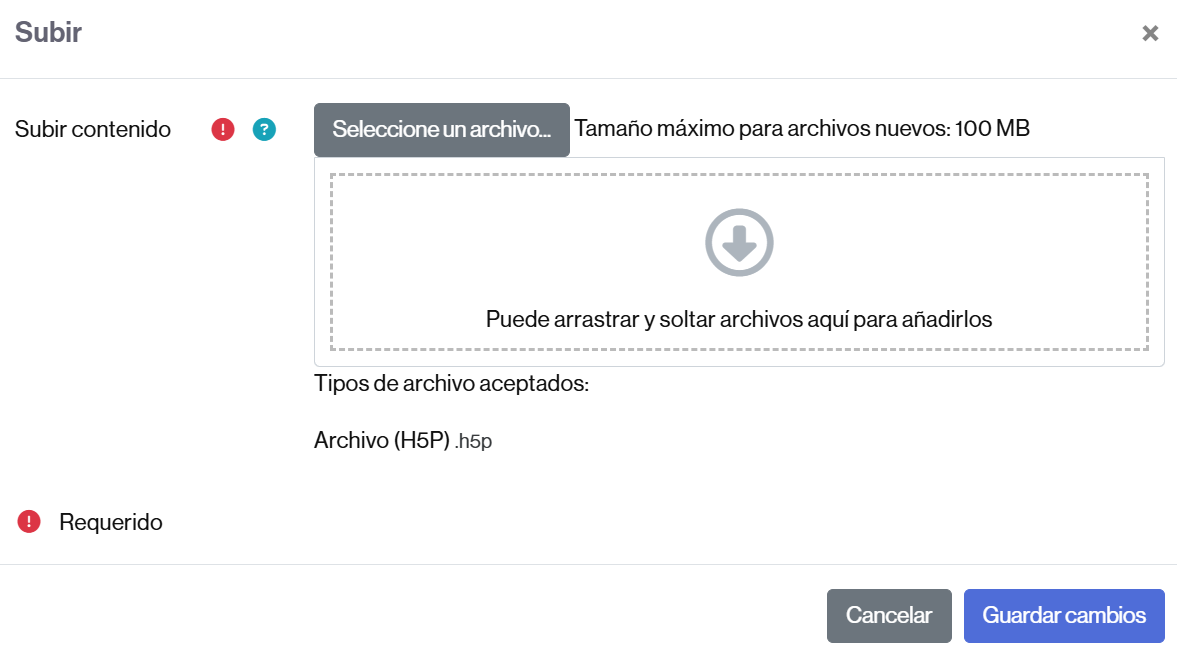 Vista para subir un archivo h5p al banco de contenido