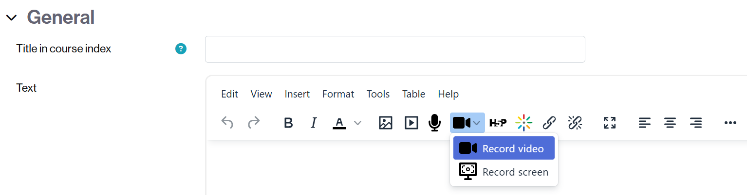 Options for recording short videos from the text editor