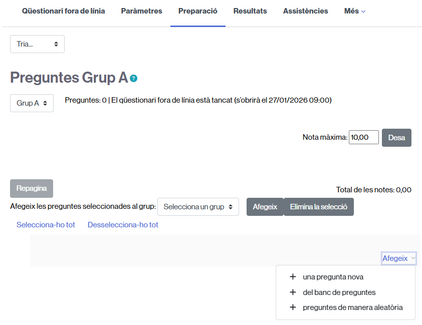 Enllaç per assignar preguntes a una activitat de Qüestionari fora de línia.