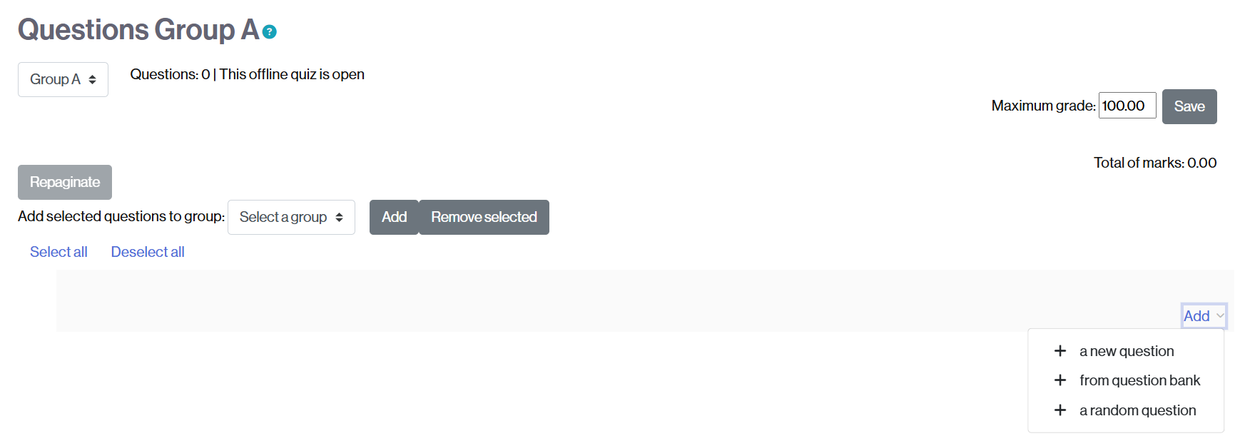 Area for assigning questions to an offline Quiz activity