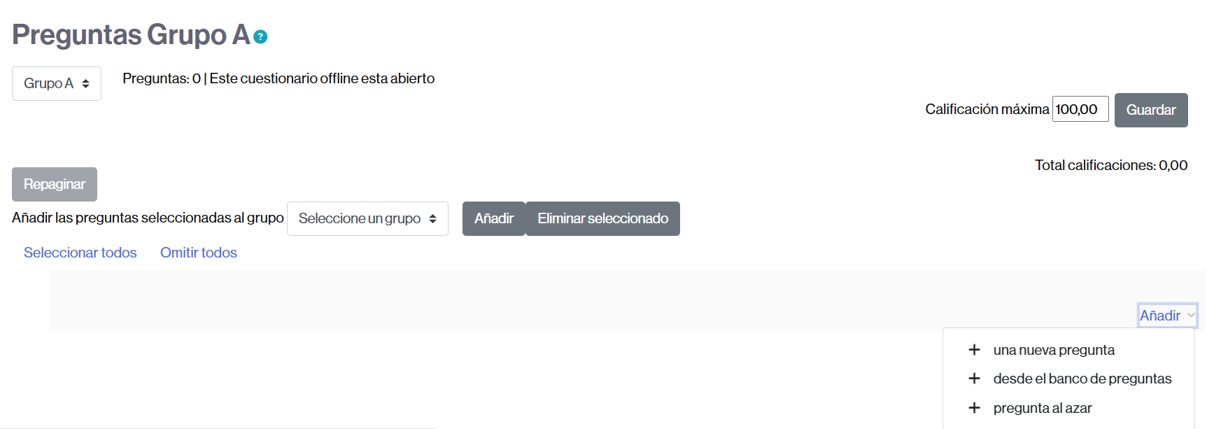 Área de asignación de preguntas a una actividad de Cuestionari fuera de línia