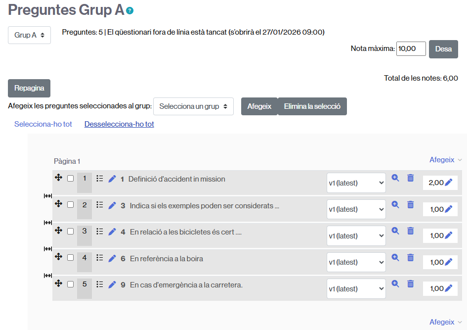 Assignació de preguntes a una activitat de tipus Qüestionari fora de línia