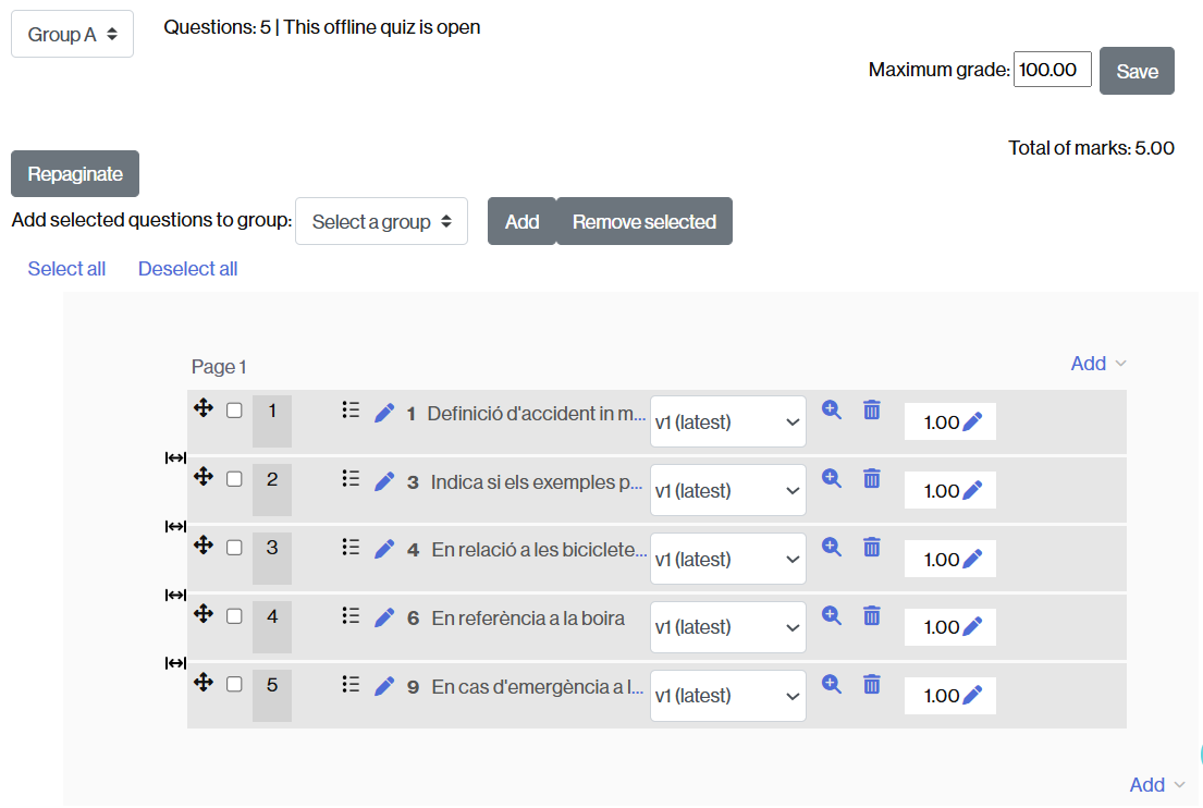 Assignment of questions to a type of online activity Qüestionari