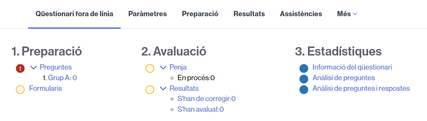 Vista general de l'activitat Qüestionari fora de línia i les etapes implicades