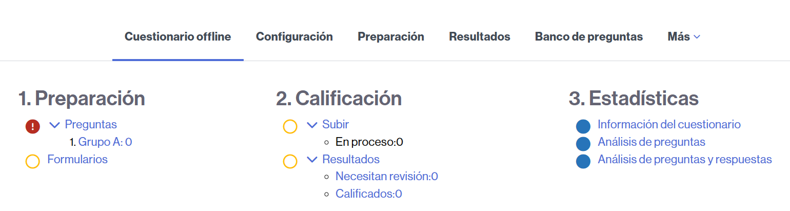 Vista general de las fases de la actividad Cuestionario offline