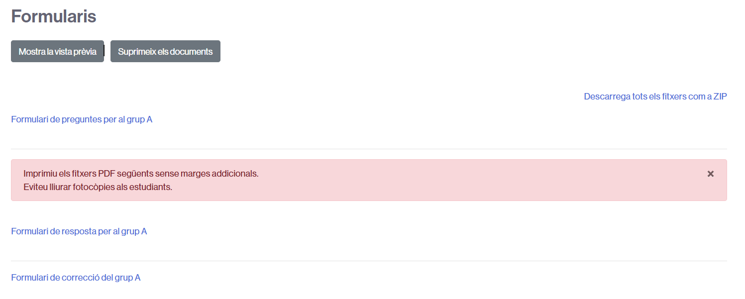 Llista dels documents generats a l'activitat de Qüestionari fora de línia