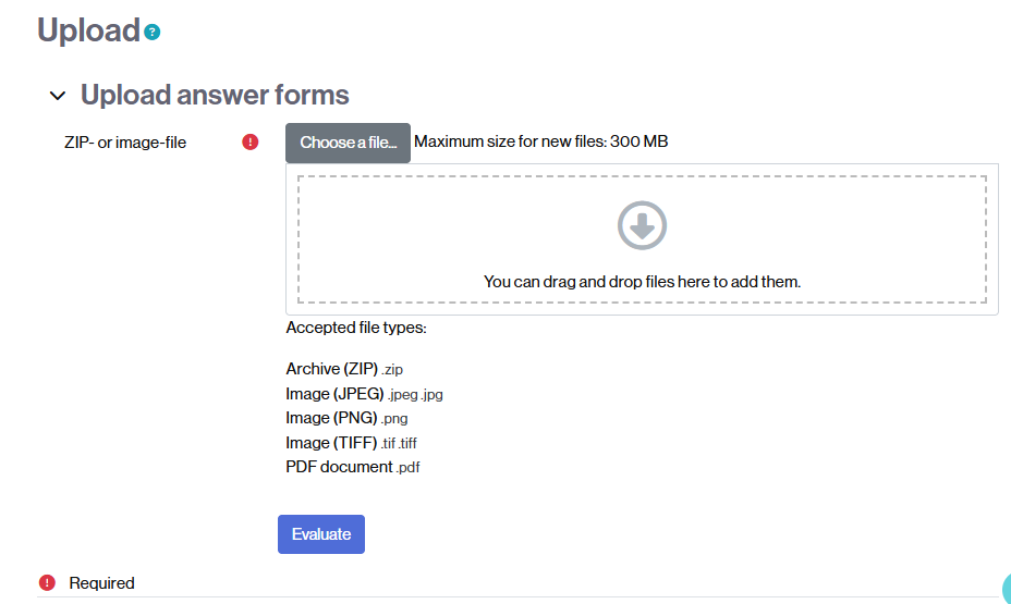 Section where upload of the zip must be done