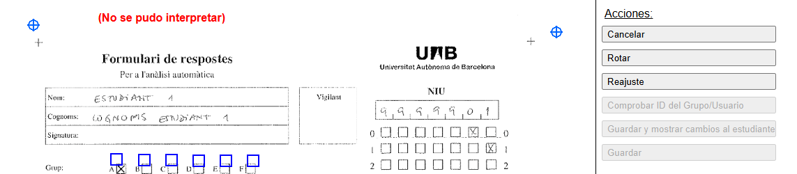 Ejemplo de ajuste de marcas en un examen escaneado