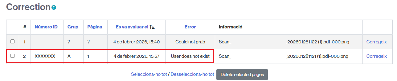 Exemple de taula on s'indica un error amb el NIU