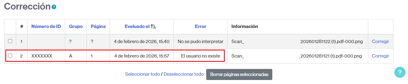 Ejemplo de una tabla que muestra un error con el NIU