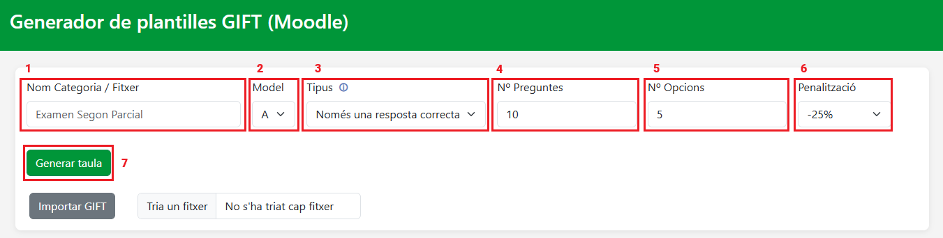 Vista del generador de preguntes en format GIFT per al banc de preguntes de l'aula