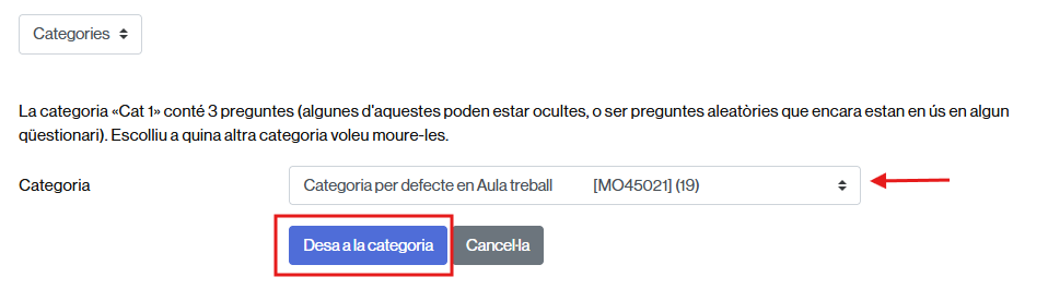 Selecció de la categoria on es mouran les preguntes de la categoria a eliminar