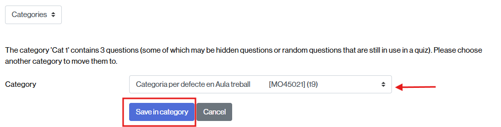 Select the category where the questions from the category to be deleted will be moved