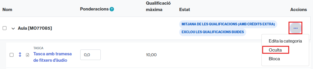 Enllaç per ocultar a l'alumnat la vista de les qualificacions