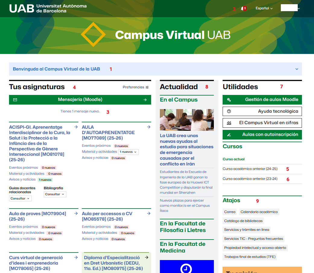 Tablero del Campus Virtual de la UAB