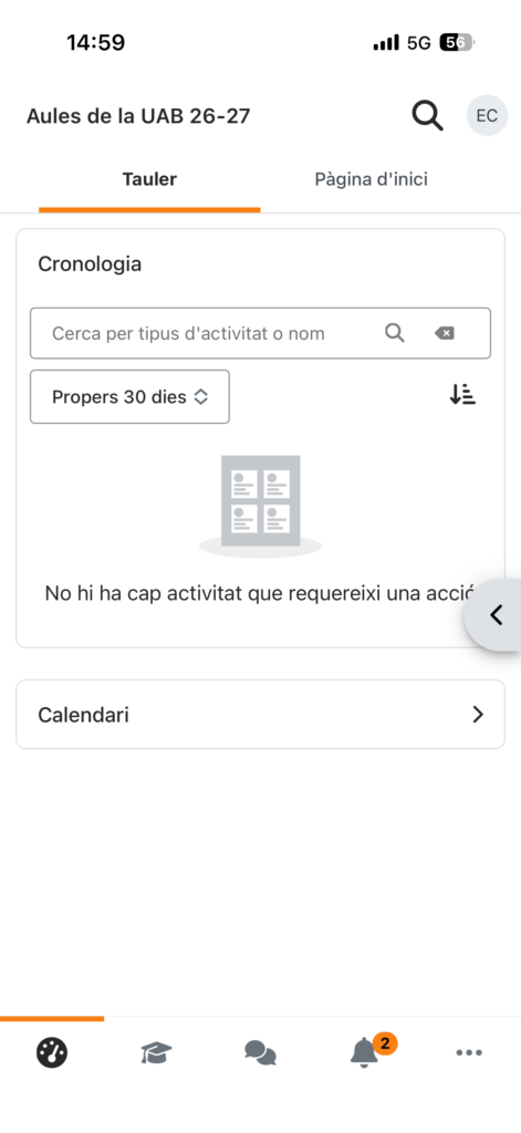 Tauler d'inici de les aules de la UAB. Opcions de navegació